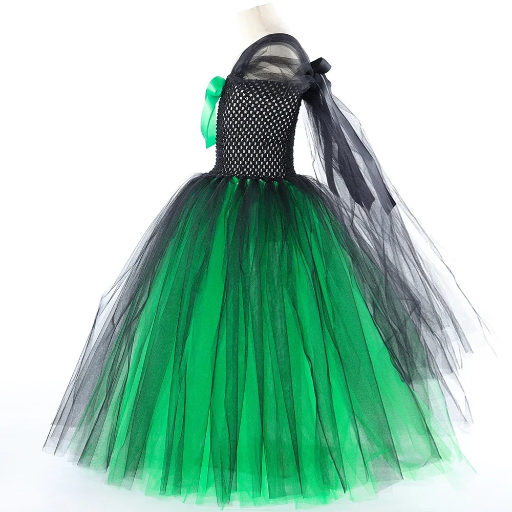 Wicked Witch Elphaba Long Costumes Girls Halloween Fancy Dress with Hat Broom Cloak Kids Carnival Party Outfit Floor Ball Gown