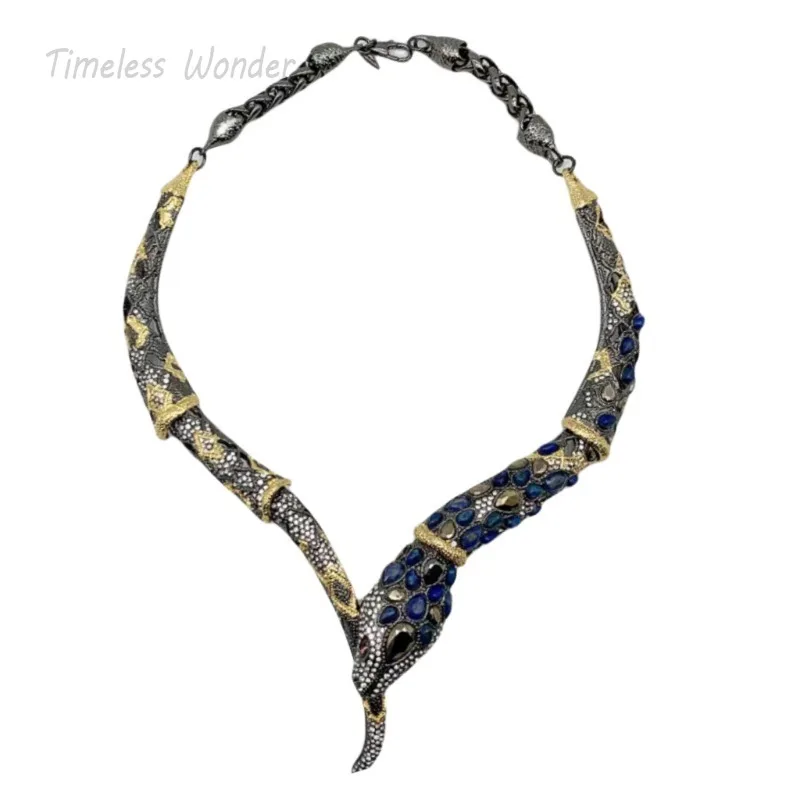 

Timeless Wonder Fancy Zircon Geo Snake Wrap Torque Necklace for Women Designer Jewelry Goth Punk Runway Luxury Rare Top 7536