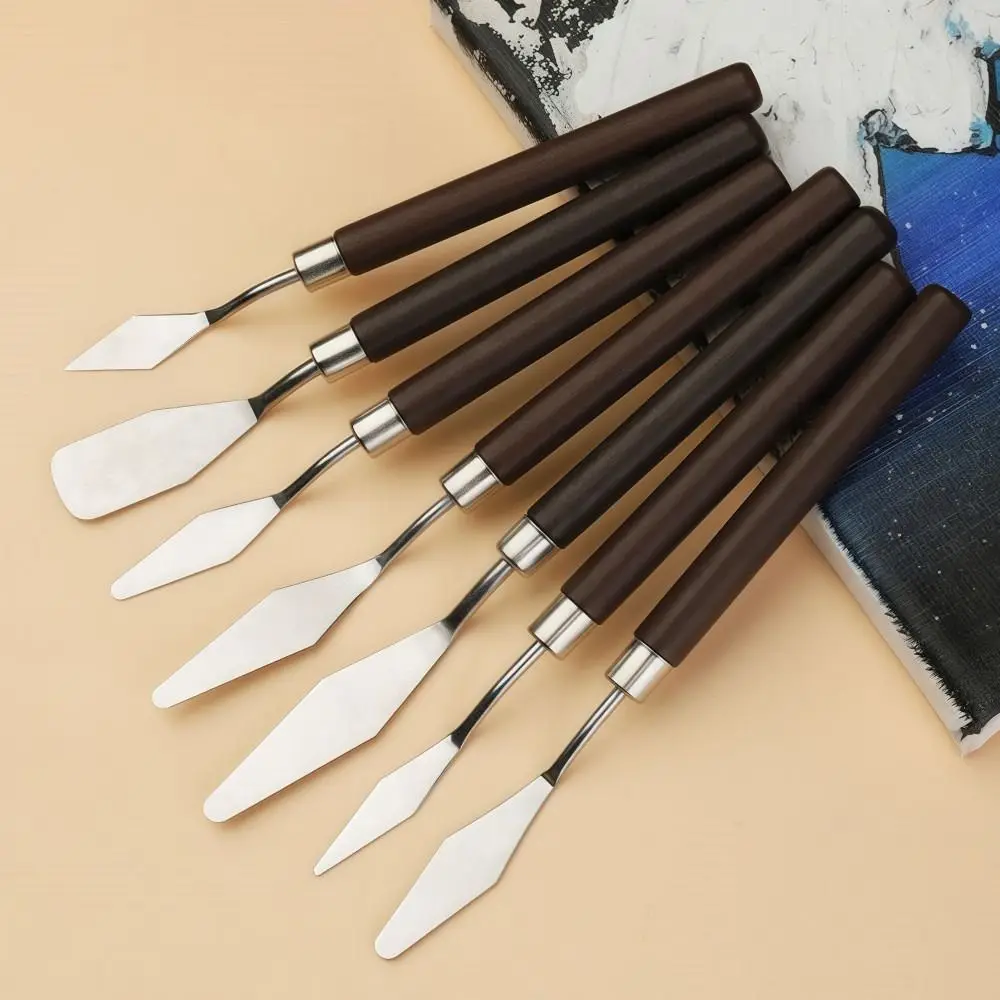 7PCS 나무 예술 유화 스크레이퍼 세트 경량 녹 방지 수채화 물감 혼합용 삽 내구성 있는 스테인리스 스틸