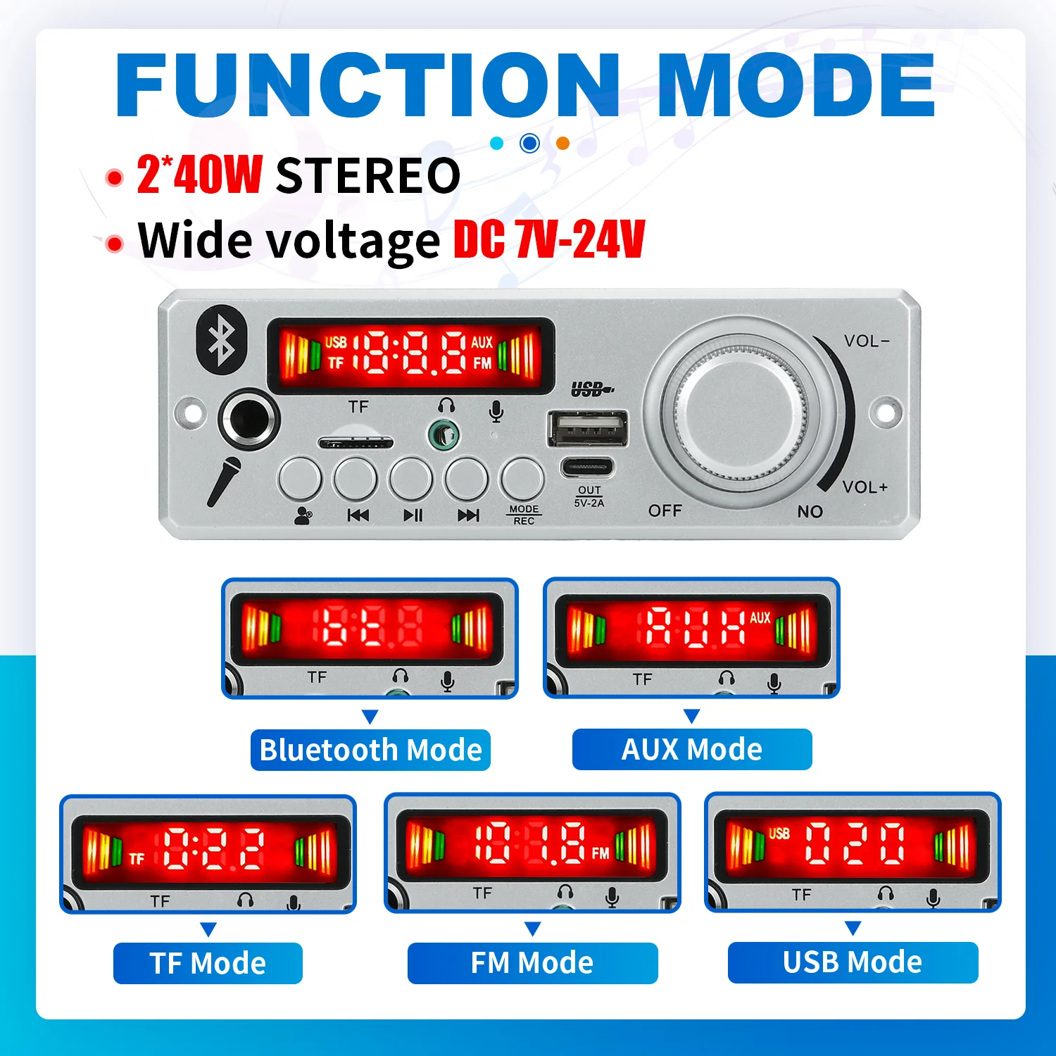 블루투스 디코더 보드 마이크 FM 라디오 TF USB 자동차 오디오 음악 플레이어 스피커, 볼륨 조절 DIY, 40W 앰프, DC 12V, 6.5mm