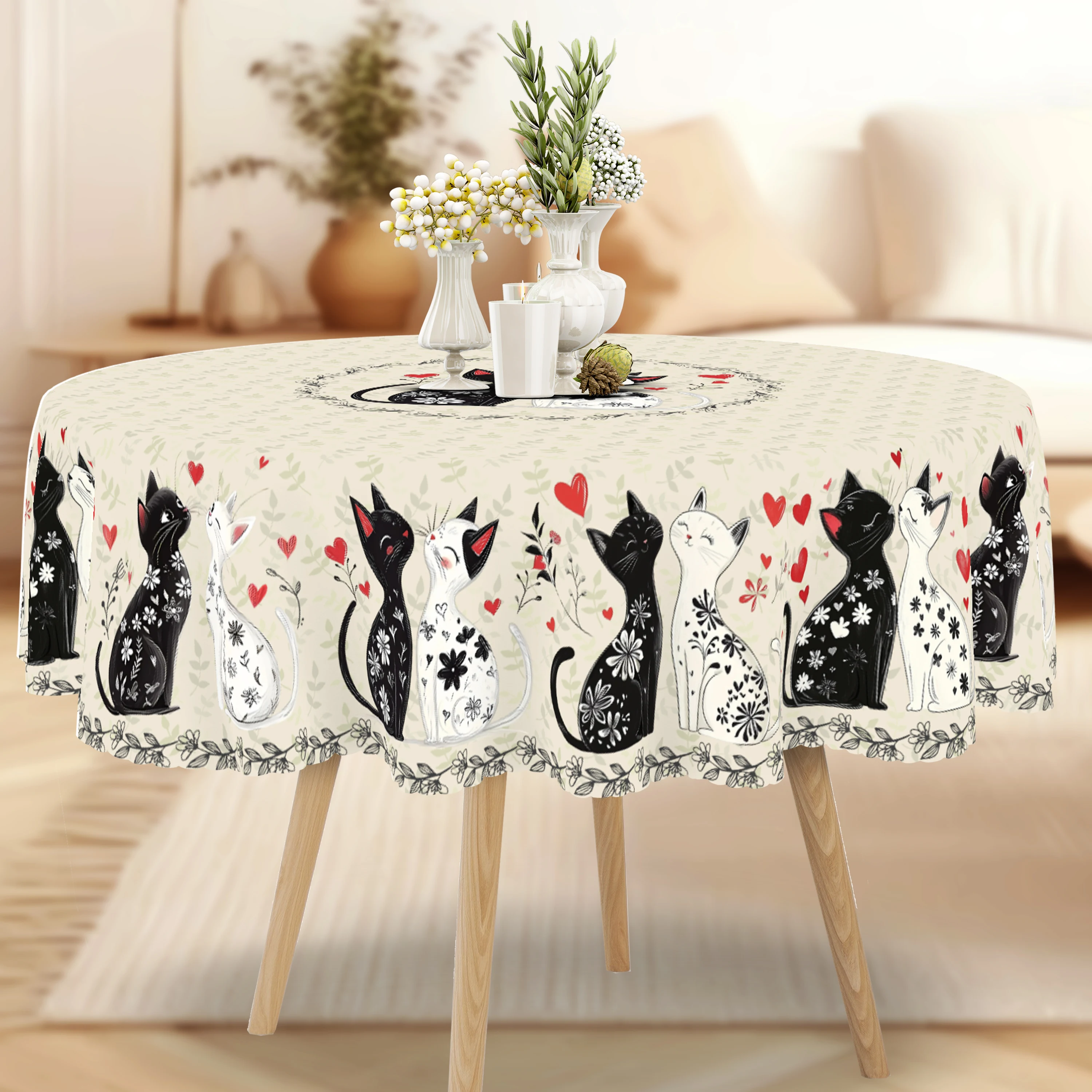Cat and Love Tablecloth, Embossed Edge Design, Kitchen, Picnics, Indoor/Outdoor Decor, Ideal Gift for Cat Lovers, Cat Decor 2