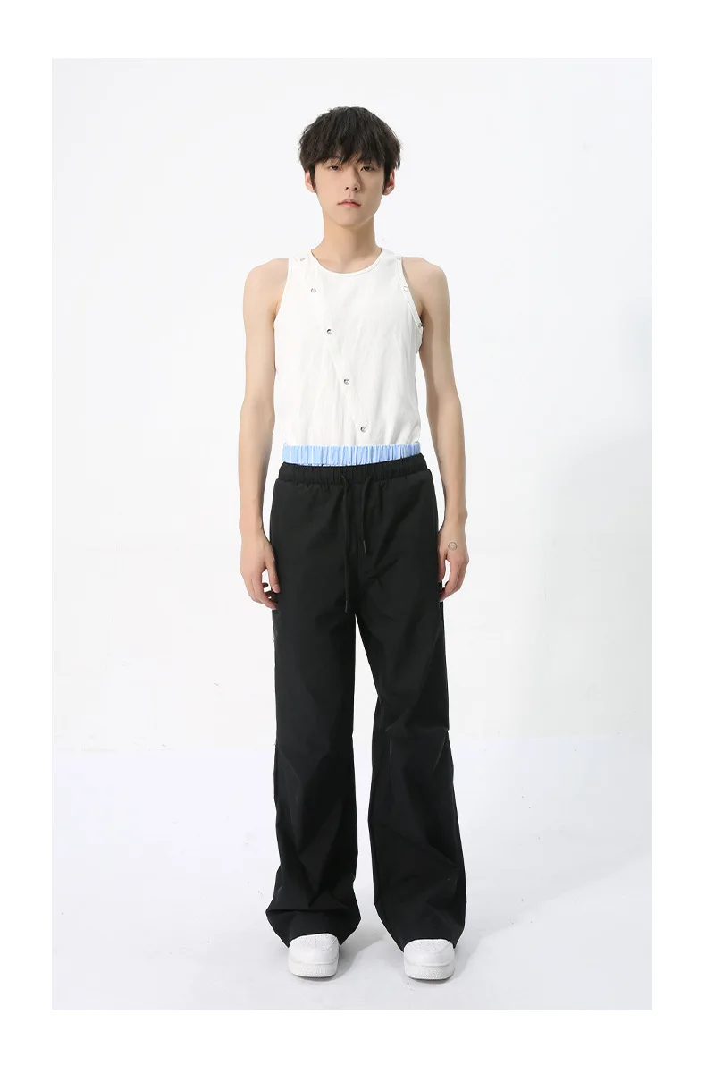 NOYMEI Fashion Niche Design Men Pants Causal Summer Layering Loose All-match Patchwork Contrast Color Drawstring Trousers WA4405