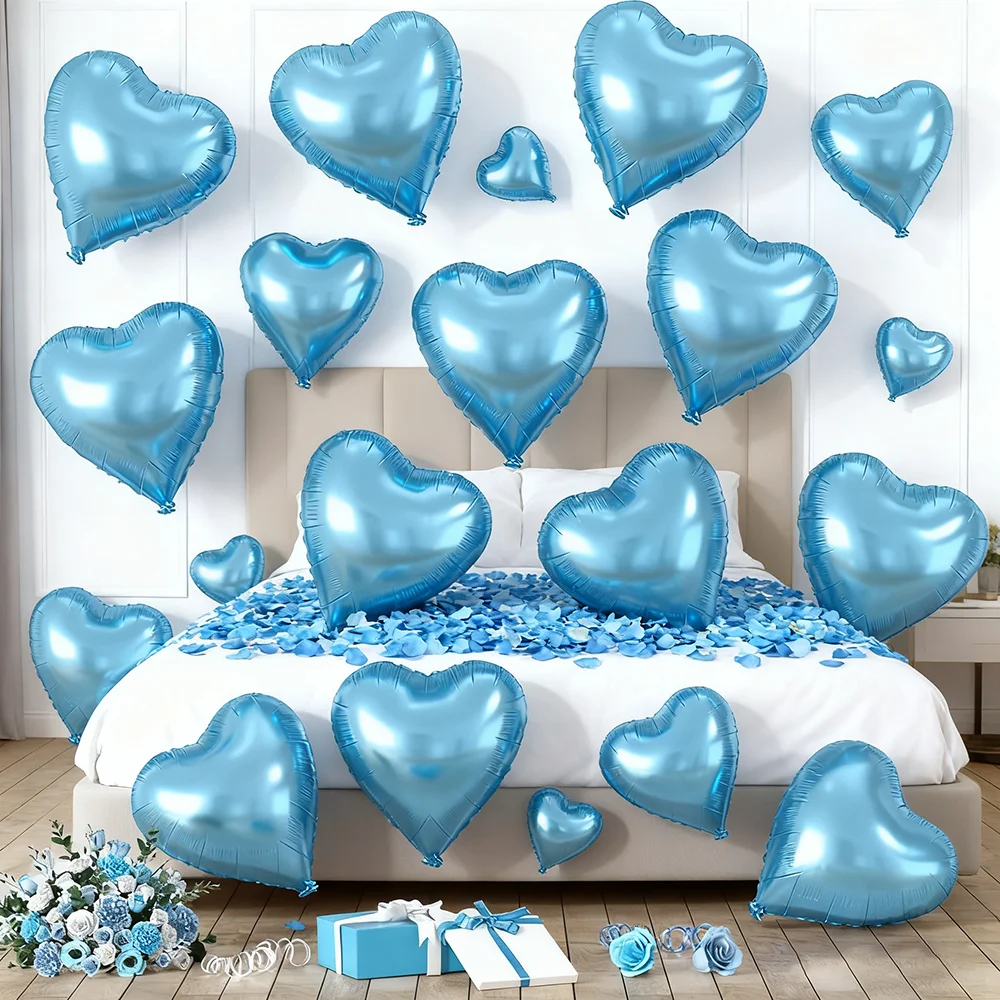 Hellblaue Herzförmige Luftballons in Verschiedenen Größen aus Aluminiumfolie für Dusche, Hochzeit, Geburtstagsdekoration