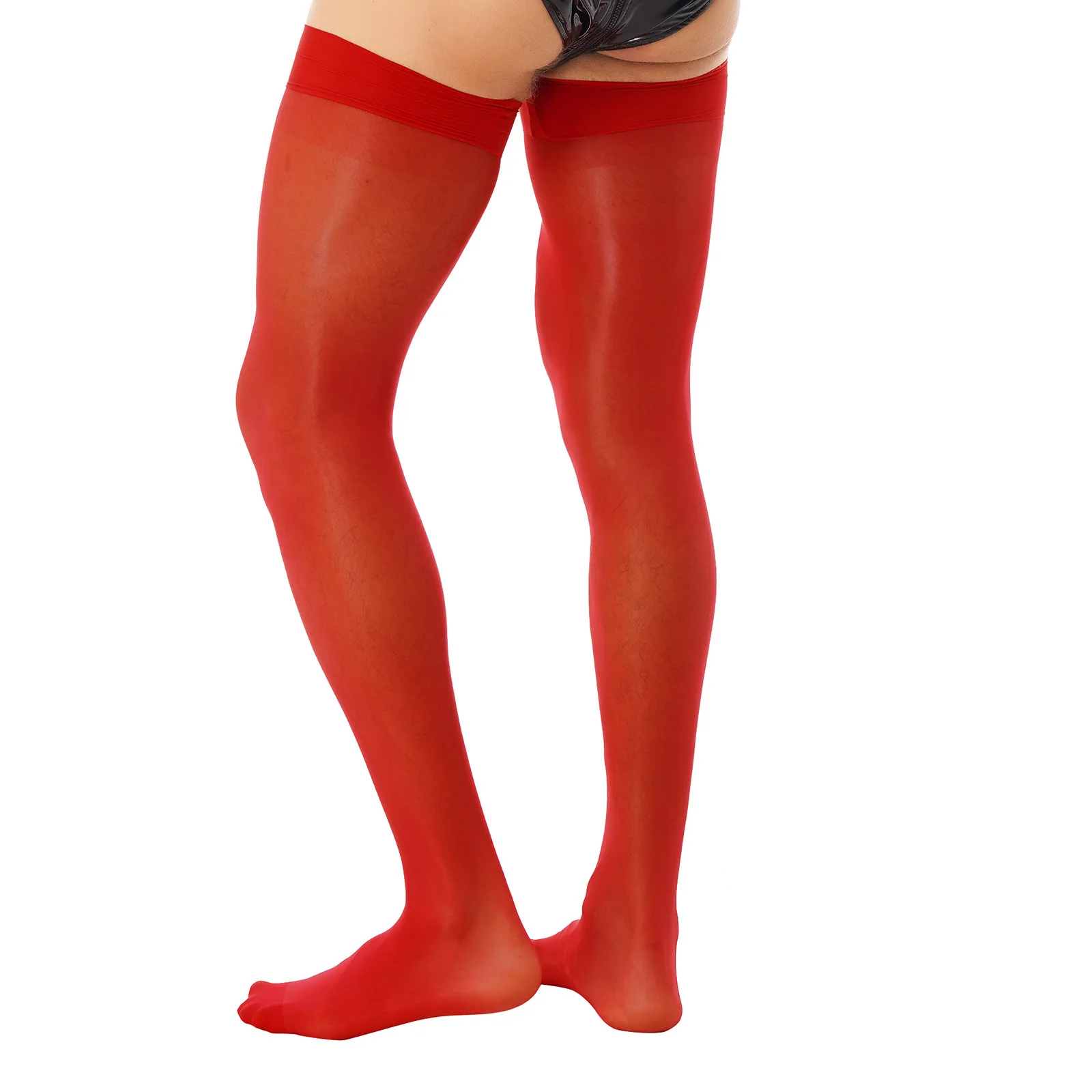 Mens Lingerie Glossy See-through Stockings Thin Shiny Solid Color Stretchy Sheer Thigh High Socks Sissy Stockings