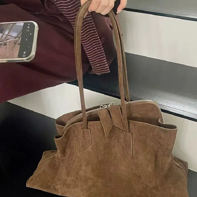 Designer Casual Winter Matte Coffee Camel Grey Large Tote Suede Leather Women Handbag Nubuck Commuter Office Shoulder Bag