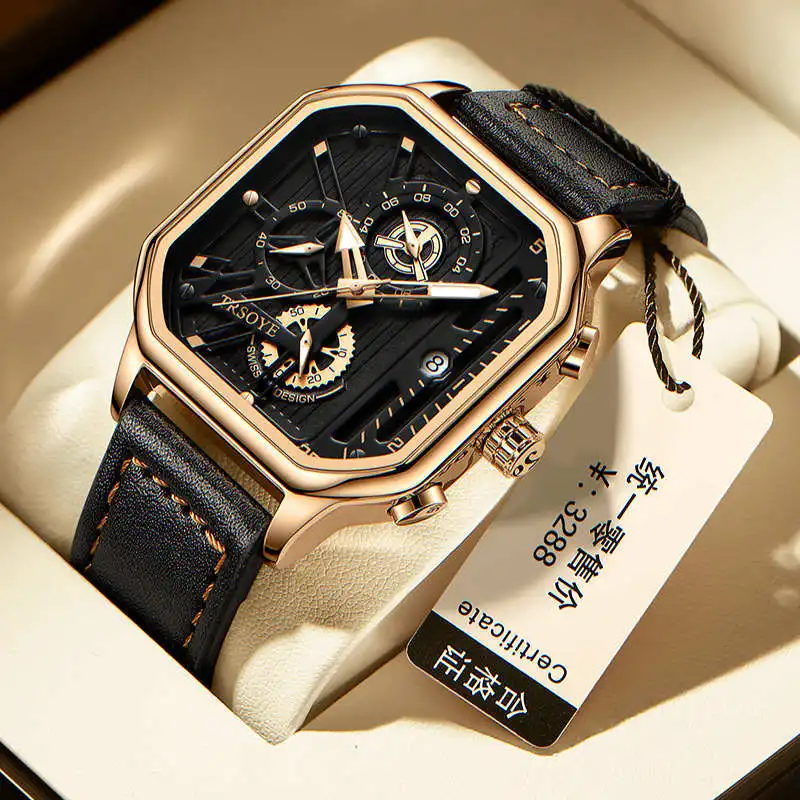 Clock Luxury Fashion Waterproof Luminous Watch Square Watch Trend New Calendar Skeleton Men's Watch Quartz Wrist Watches Relogio