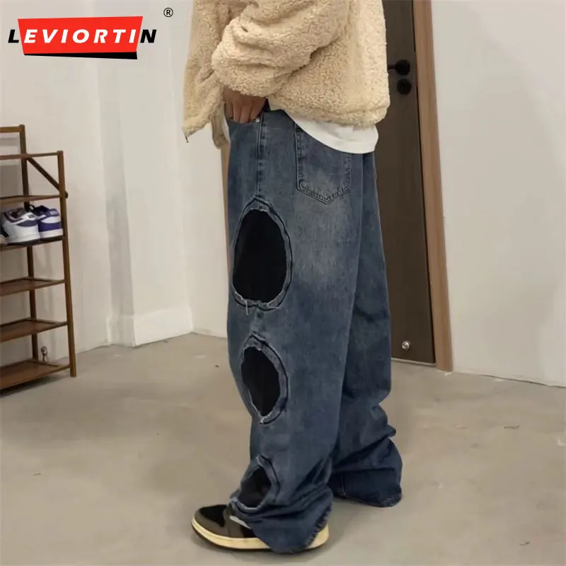 

Рваные потертые свободные уличные мужские джинсовые брюки с потертостями в стиле Харадзюку, свободные джинсы большого размера для мужчин