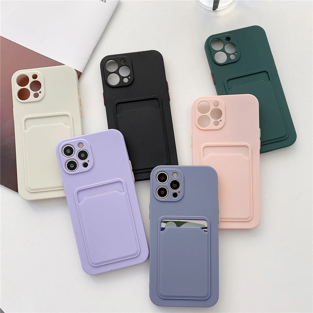 Silicone Card Holder Wallet Phone Case For iPhone 14 13 12 11 Pro Max XR X  XS Max 7 8 Plus SE Solid Color Shockproof Soft Cover