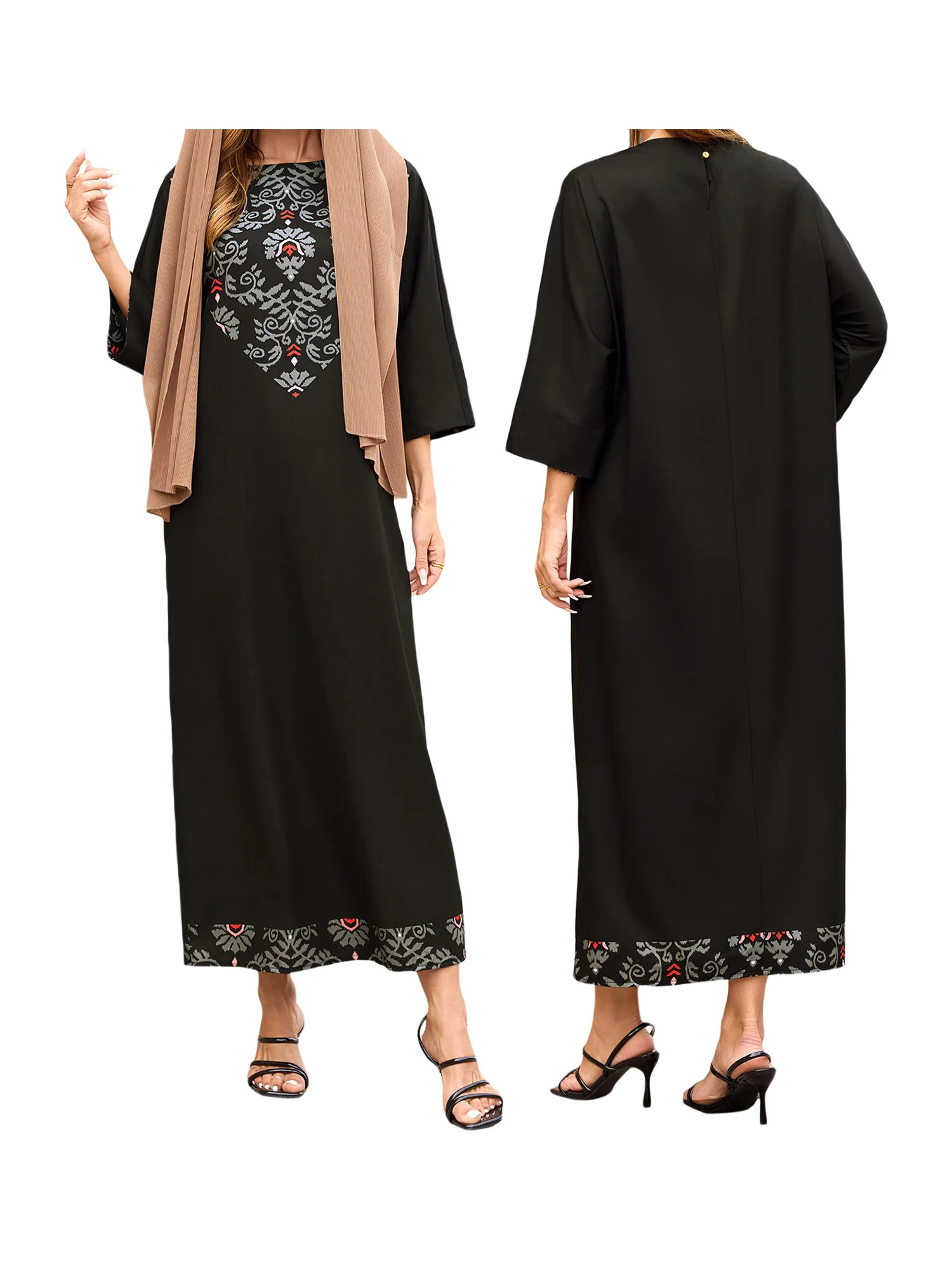 Elegant Floral Maxi Dress with 3 4 Sleeves Round Neckline and Flowy Silhouette - Perfect for Summer Events and Casual Outings