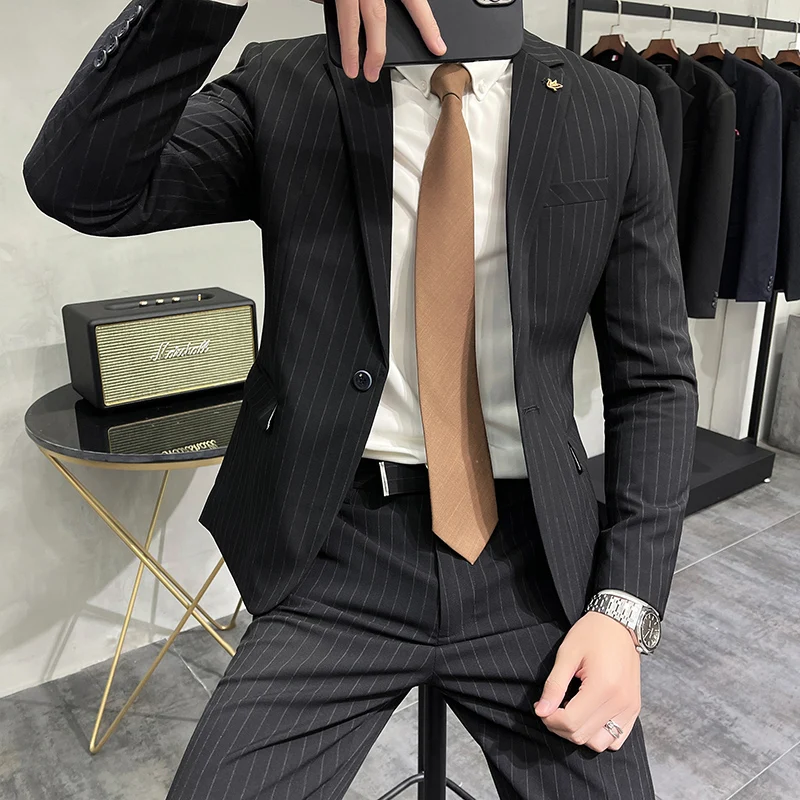 

New (Blazer+ pants) men's fashion business gentleman casual British style striped slim trend wedding dress banquet 2-piece set