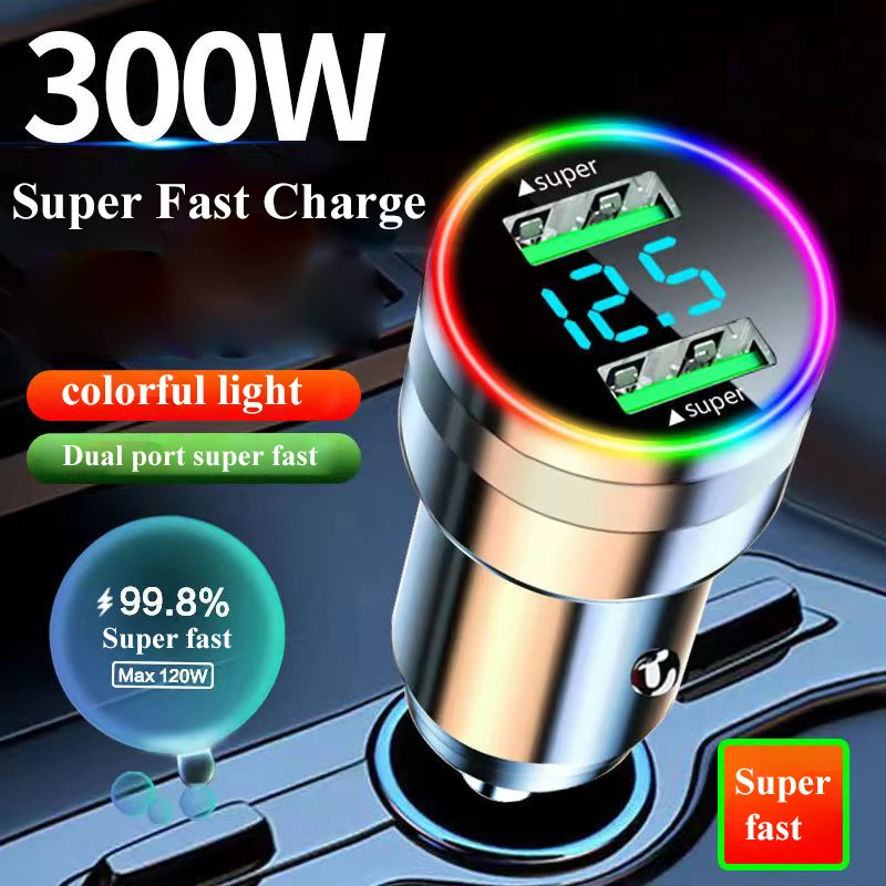 Chargeur de voiture USB double Port 300W, avec moniteur de tension à lumière LED, charge Super rapide, adaptateur de véhicule pour iPhone Samsung Huawei OPPO