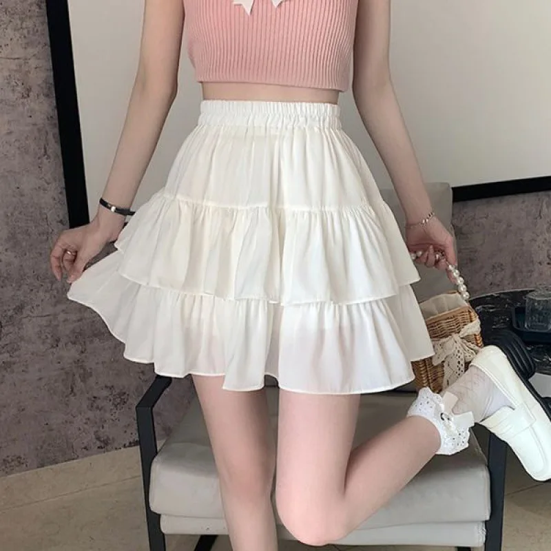 

Pleated A-line Skirt White Women Ruffles Sweet Hottie Preppy Style Elastic Elastic Waist Slim Thin SimpleCasual Summer Wholesale