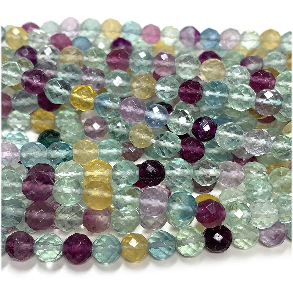 Veemake Natural Fluorite Round Faceted Multi Color Clear Loose Beads 08114