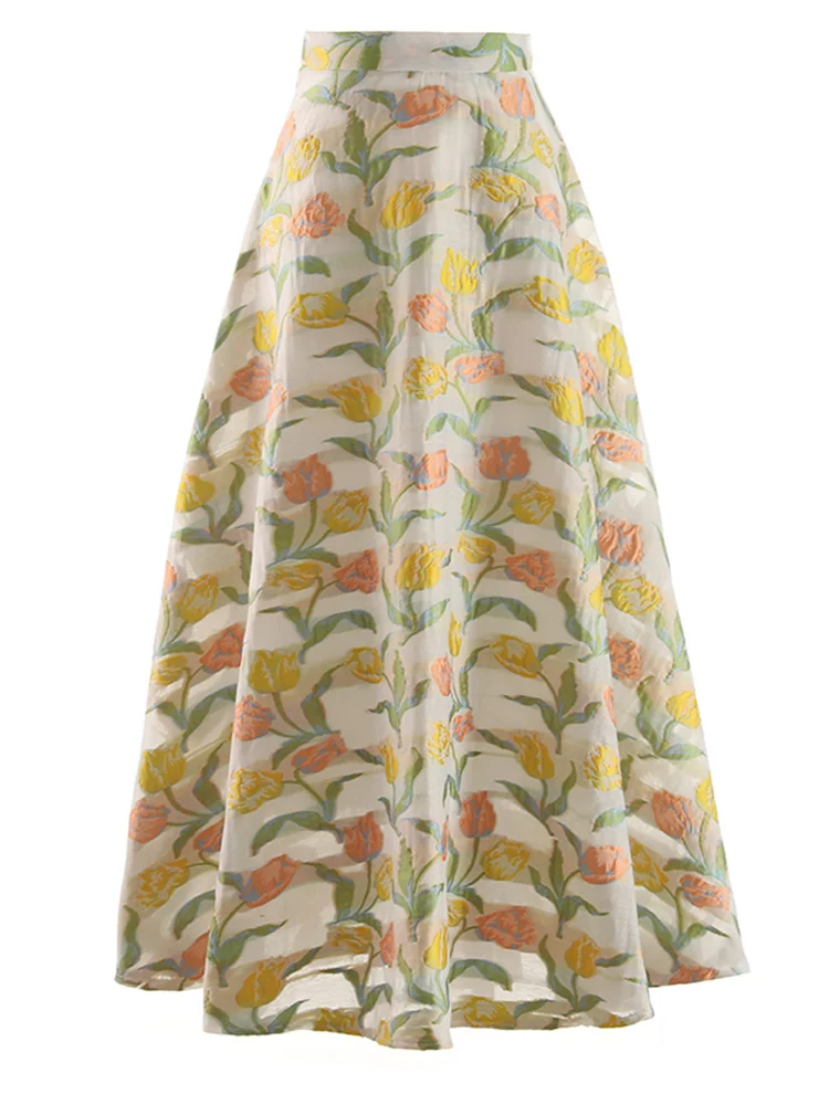 

High Waist Floral Jacquard A-line Long Half-body Skirt Loose Fit Casual Women Fashion Tide New Spring Autumn 2023 H352