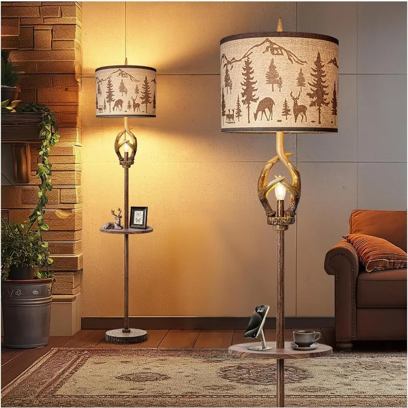 

Farmhouse Floor Lamp with Nightlight Finish Round Shade Lamps for Living Room Bedroom Office Study House