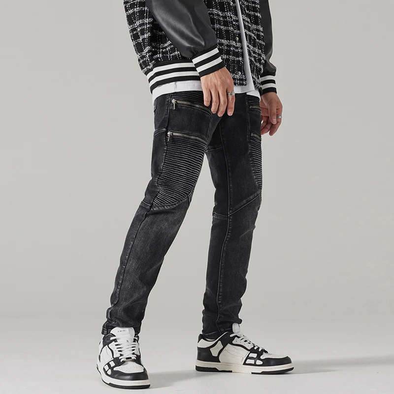 Street Fashion Men Jeans Retro Black Gray Stretch Slim Fit Patched Spliced Biker Jeans Men Zipper Designer Hip Hop Pants Hombre