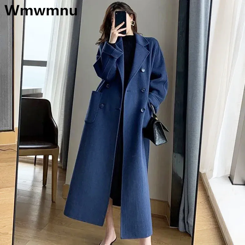 

Winter Thicken Woolen Blends Coat Fashion Office Lady Double Breasted Long Trench Overcoat Loose Elegant Classic Belt Casacos