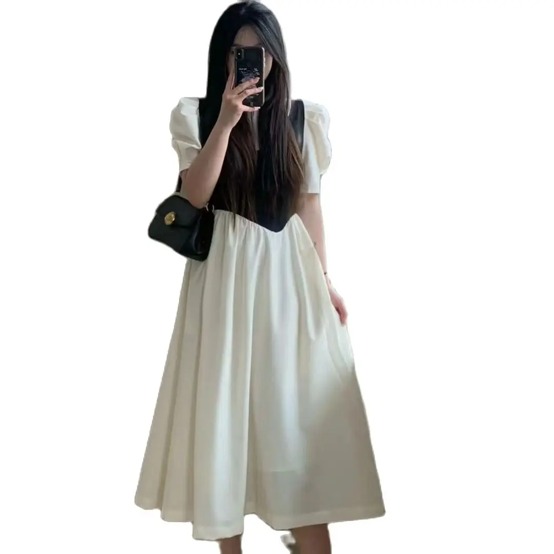 

Summer High Waist Puff Sleeve Vintage Maternity Dress Black Patchwork Postpartum Woman Breastfeeding Dress Lady Nursing Clothes