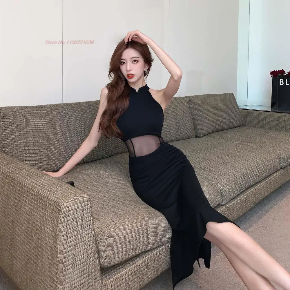 

2024 women improved cheongsam sexy sleeveless elastic mesh qipao dress vintage cheongsam bodycon nightclub party evening dress