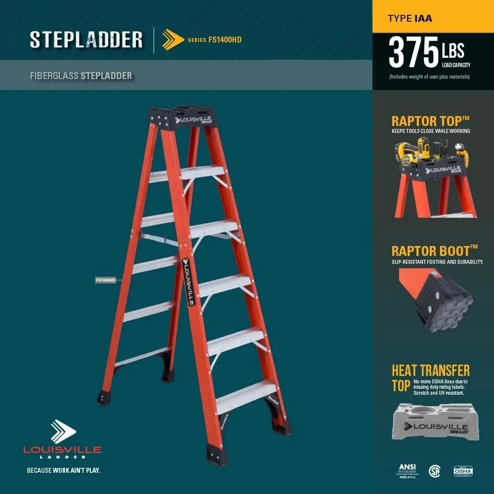 NEW-8-Foot Fiberglass Step Ladder, 375-Pound Load Capacity, Type IAA, FS1408HD