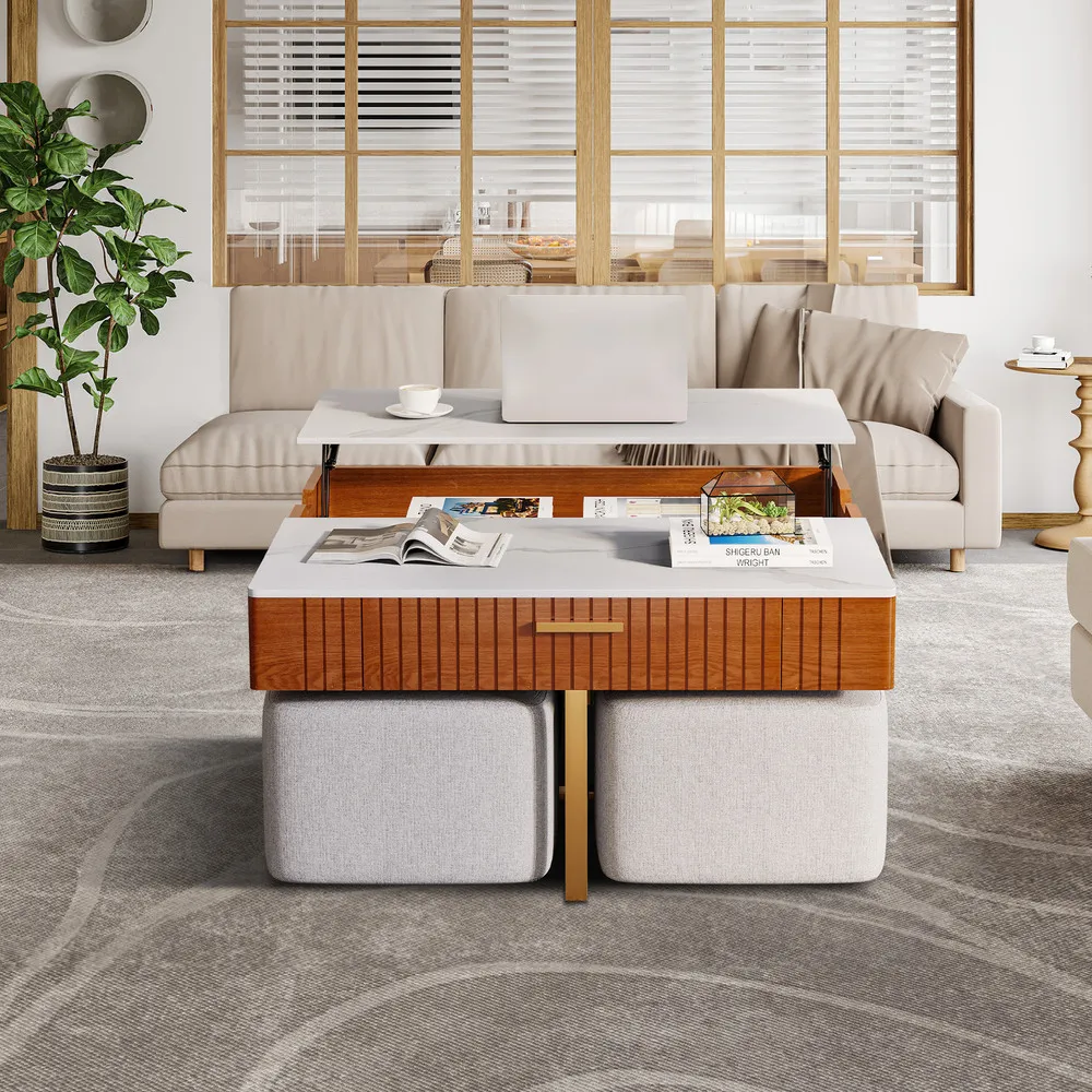 White Marble Lift Top Coffee Table Set Square Table w/ 4 Stools for Living Room 5