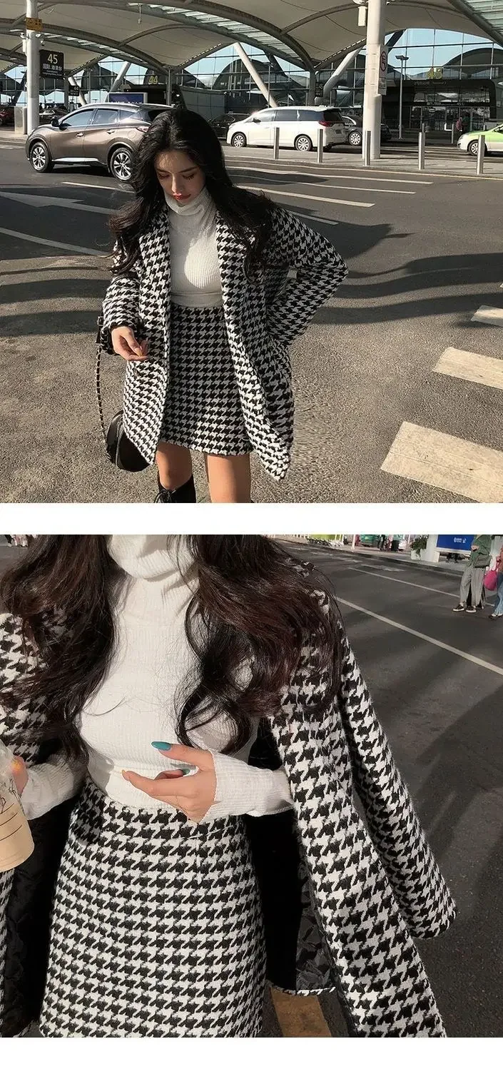 Image of Autumn Winter Plaid Woolen Ladies 2 Piece Set Long Sleeve Suit Coat And High Waist A-line Mini Skirt Outfit