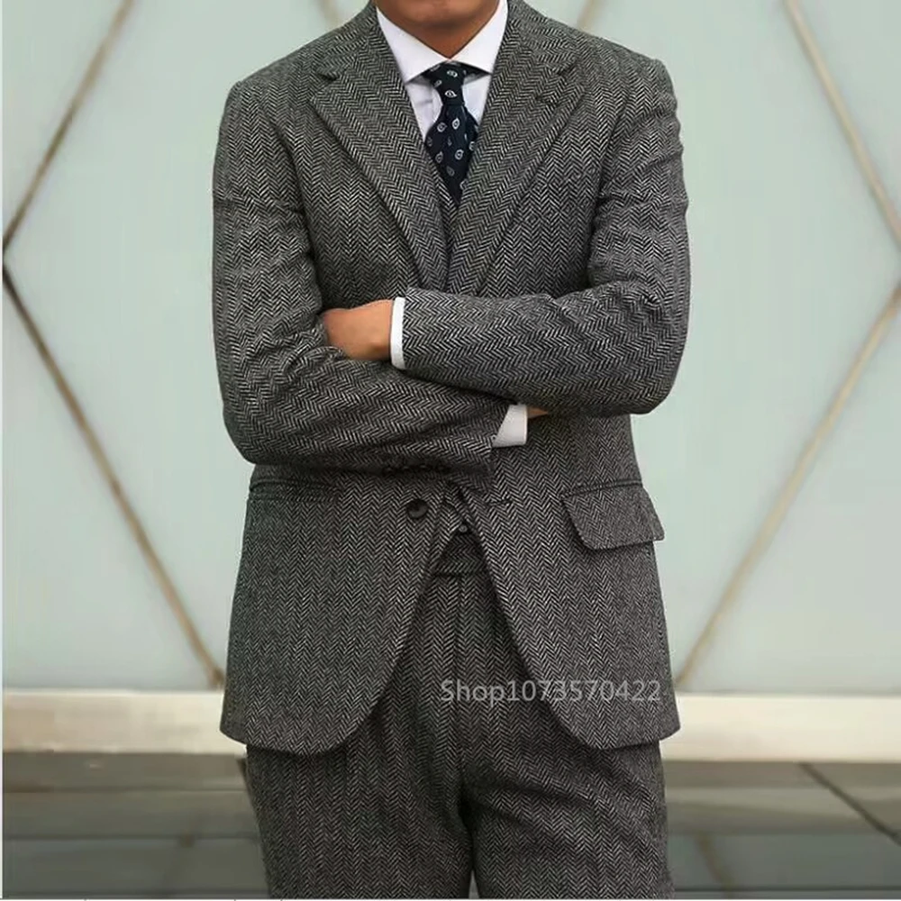 Dark Grey Herringbone Tweed 3 Piece Male Suit Slim Fit Notch Lapel Elegant Wedding Groom Business Casual Formal Male Clothing