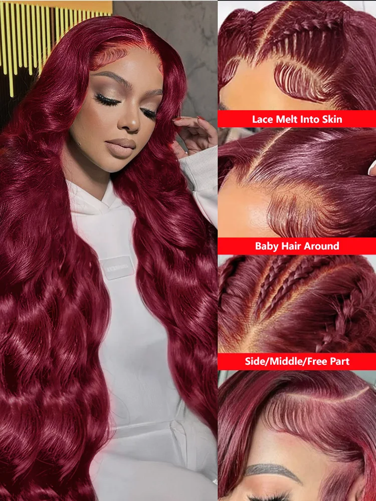 30 40Inch 99J Burgundy 13x6 HD Lace Frontal Wig Remy Body Wave Red Colored 13x4 Transparent Lace Front Human Hair Wigs For Women