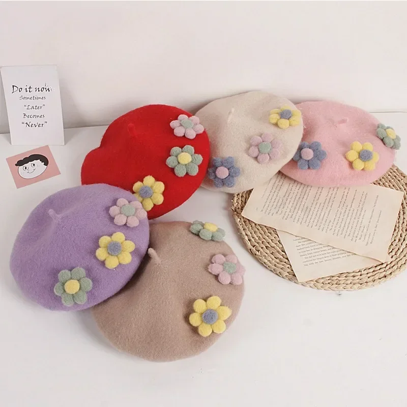 Women's Beret Handmade DIY Fruit Green Apple Painter Hat Cute Girl Little Leaf Woolen Hat Autumn and Winter Outdoor Warm Beanie