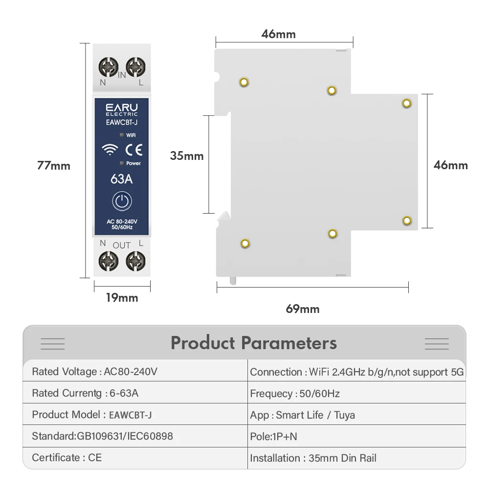 Tuya WiFi Smart Circuit Breaker MCB 1P+N 63A Timer Power Energy kWh Voltage Curr