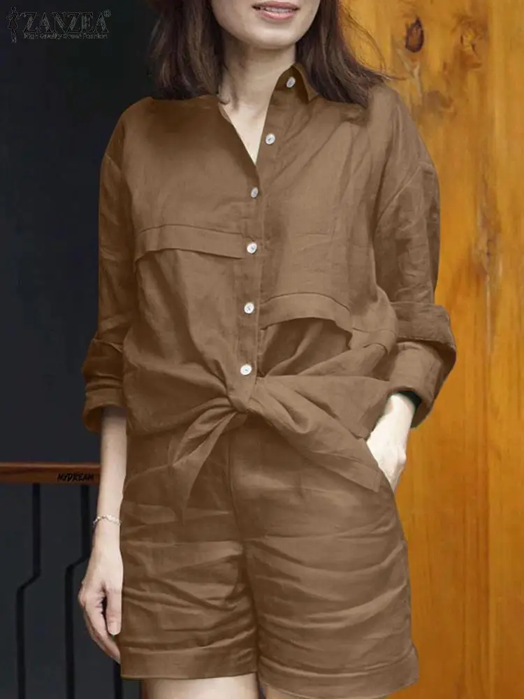 

Женская офисная одежда ZANZEA, однотонные подходящие комплекты, блузка с длинным рукавом и лацканами, повседневные короткие комплекты, модные спортивные костюмы, элегантный Рабочий костюм