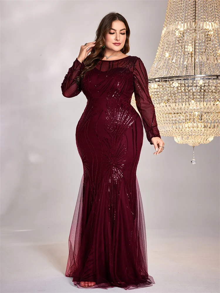 Plus Size Elegant Long Sleeves Sequins Evening Dresses Luxury Women Mermaid Formal Party Maxi Cocktail Gowns