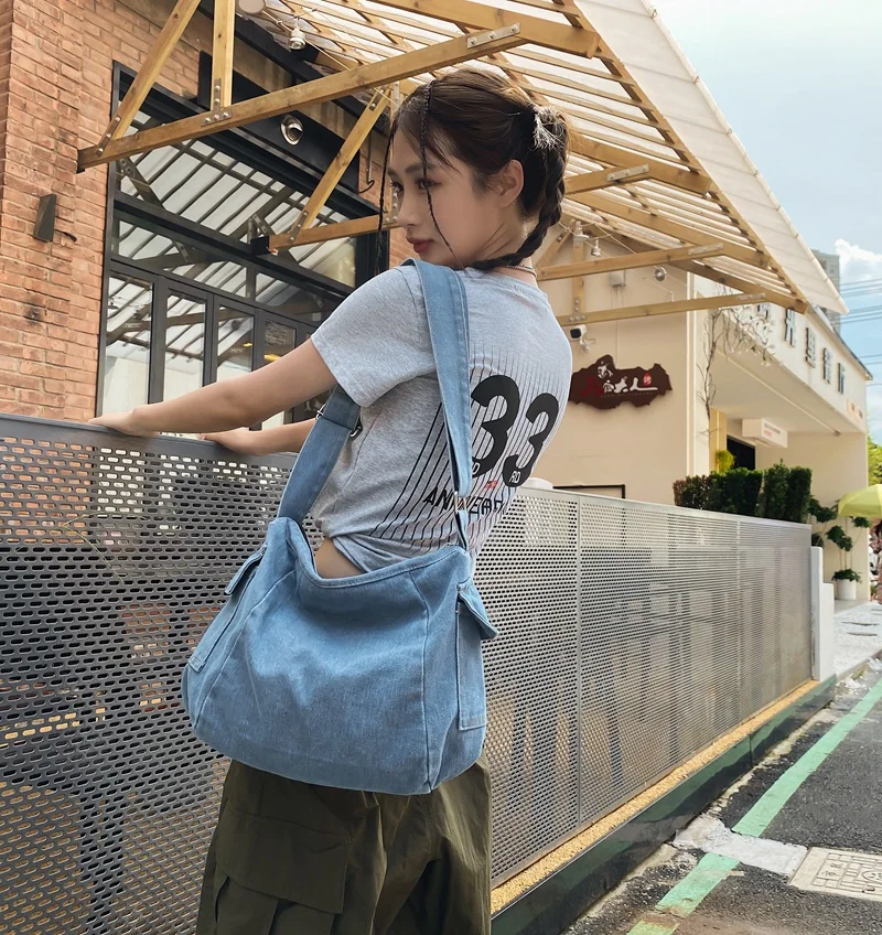 Solid Denim Women's Bag Jeans Messenger Bag Y2K Canvas Shoulder Bag Cross Eco Bag Korean Shopper Hobos College Handbags Satchel