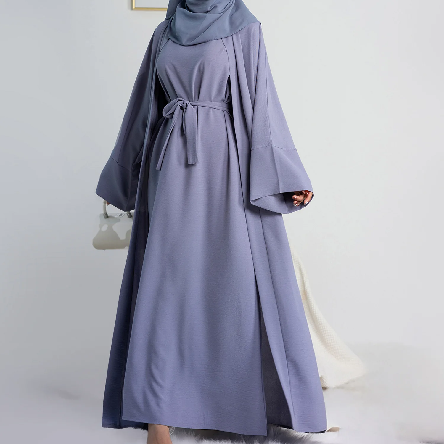 2 Piece Abaya Set Matching Muslim Suit Crepe Open Abayas for Women Dubai Turkey Sleeveless Hijab Dress African Islamic Clothing