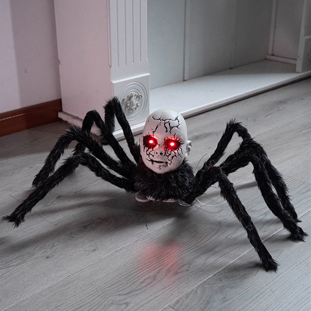 2025 Halloween Doll Face Spider Ornament Haunted House Electric Induction Light-Up Voice-Activated Scary Walking Prop Decor