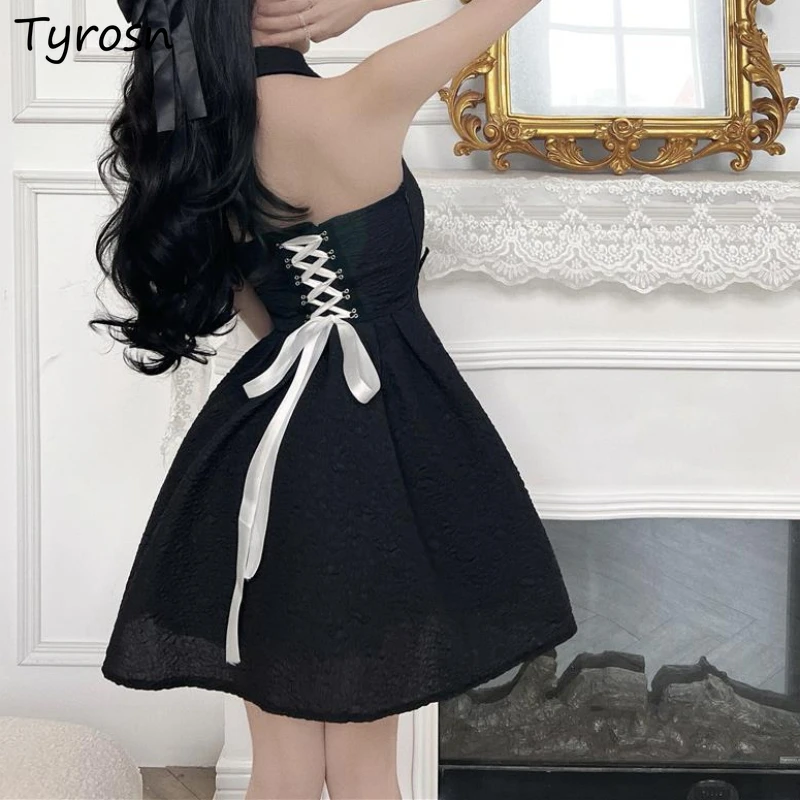 

Sleeveless Mini Dresses Women Backless Hot Girls Patchwork Lace-up Retro Fashion Halter Designed Ball Gown Gothic Elegant Chic