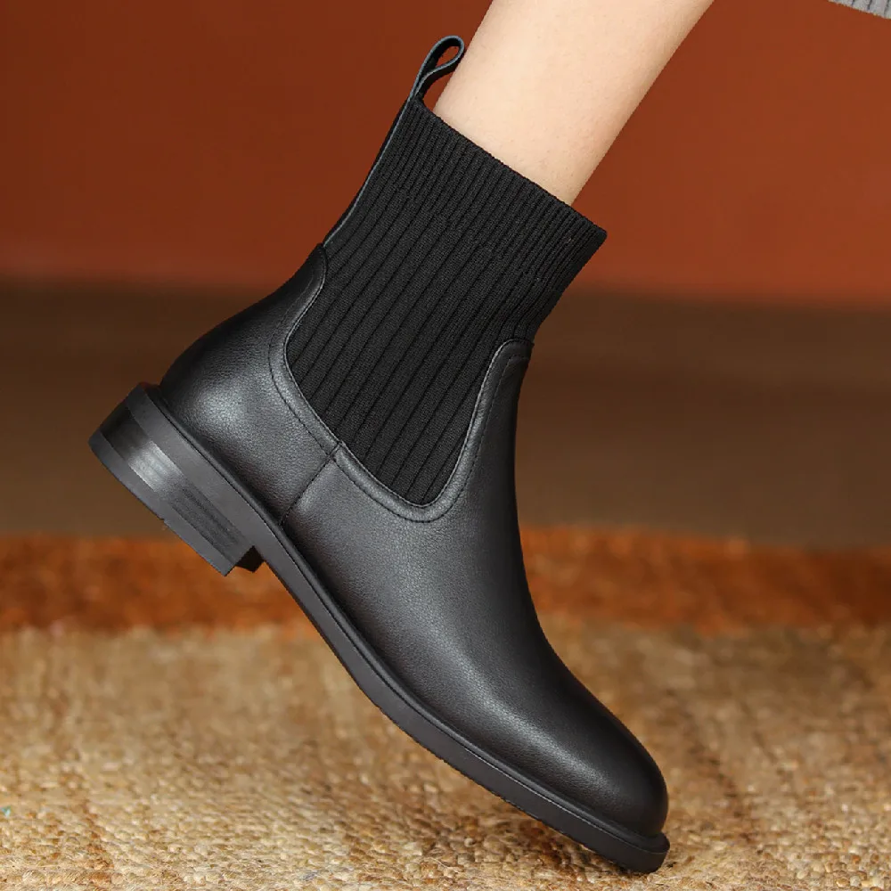 

Women's genuine leather stretck knit patchwork slip-on flats autumn ankle boots casual female high quality short booties shoes