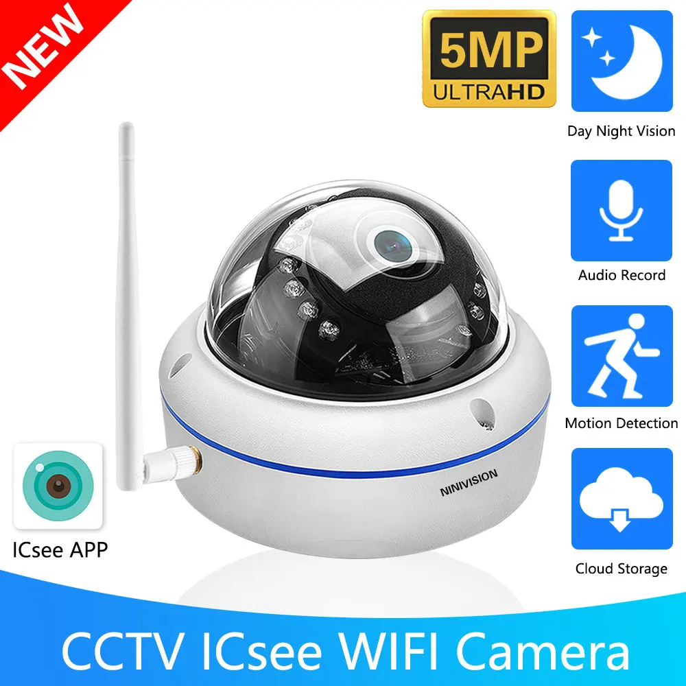 5MP Wifi Dome IP Camera iCSee Wireless/Wired Camera Audio Record Email Alert Xmeye Cloud Vandal-proof Waterproof Outdoor Camera