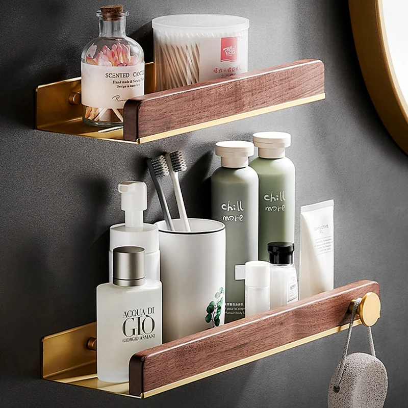 

Brushed Gold Wood Bathroom Shelf Bath Shower Shelf Bathroom Corner shelf Wall Mounted Black Bath Storage Rack