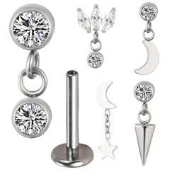 ASTM F136 Titanium EAR PIERC Pendant Chain Dangle Ear Studs With CZ Top Labret Lip Stud Cartilage Earrings Body Piercing Jewelry
