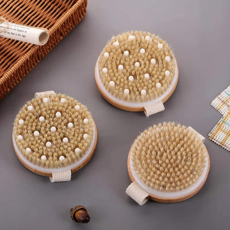 Handheld portable shower brush Natural Wooden Wet Dry Skin Body Bristle Brush Soft SPA Brush Bath Massager 2