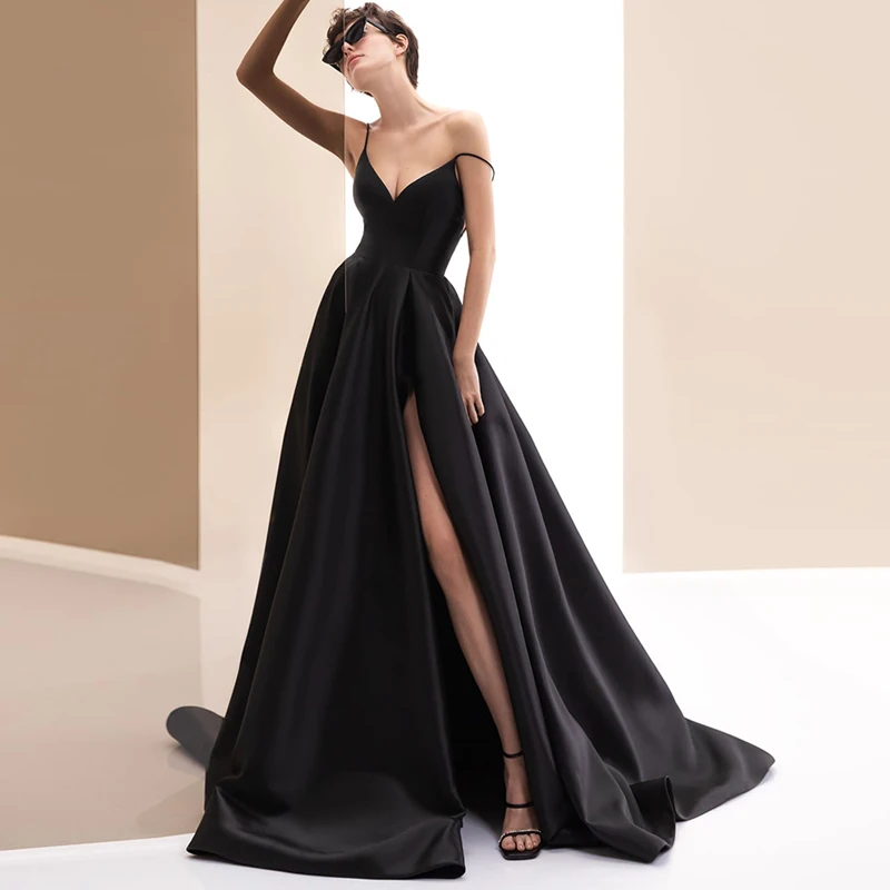 

Blue Sexy High Side Split Evening Dress 2023 Elegant Deep V-Neck Spaghetti Zipper Up Aline Satin Robes De Soirée Sweep Train