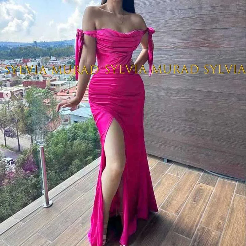 

Sexy Long Mermaid Evening Dress With Tie Off Shoulder High Split Hot Pink Pleat Sheath Party Dresses Formal