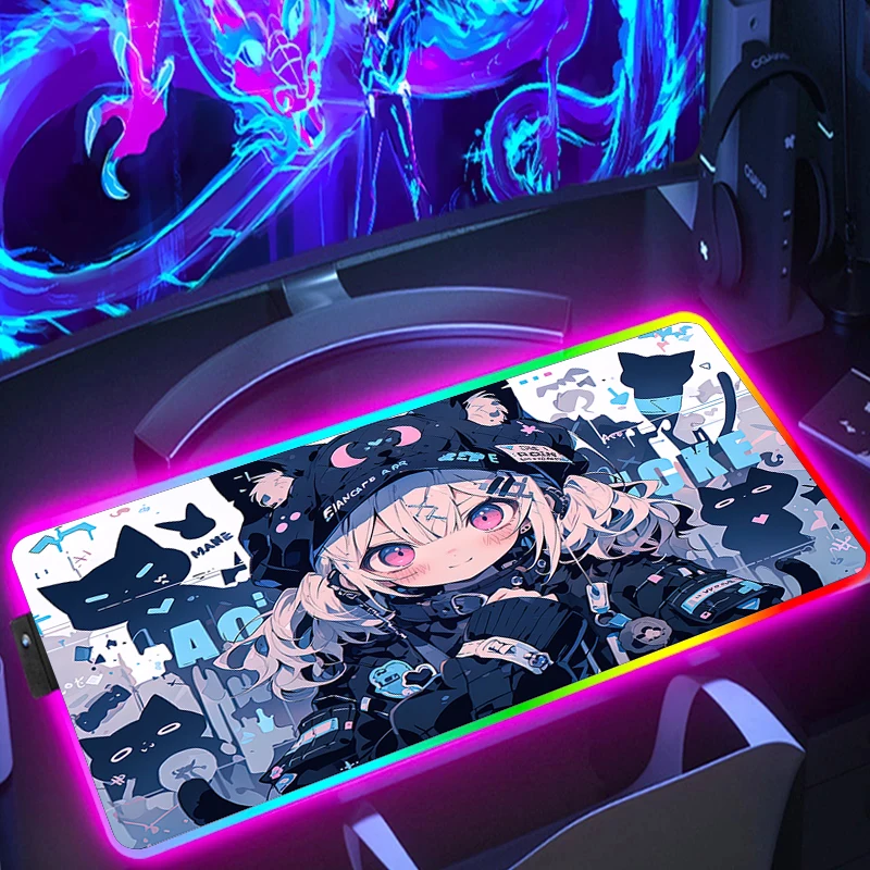 

Large RGB Mouse Mat Blue Girl and Cat Desk Mat LED Gaming Mousepad Big Luminous Desk Pad Gamer Backlit Mouse Pad Girls Mousepads