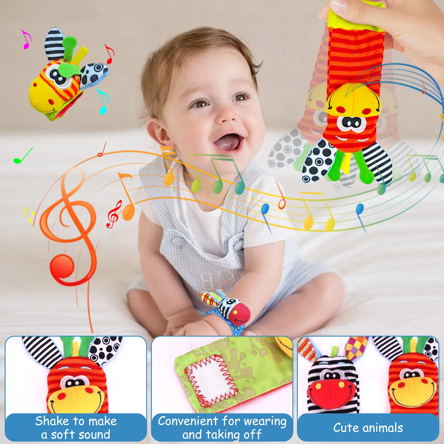4PCS Baby Rattles Toys 0-12 Months Baby Toys Animal Socks Wrist Strap Sock Set Rattle Baby Foot Socks Sensory Toys for Babies 5