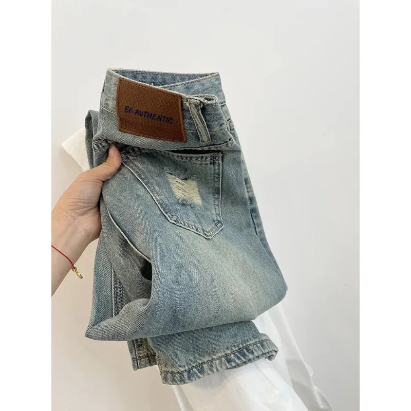 Jean pour femme déchiré bleu clair, coupe large, taille haute, ample, printemps-été, pantalon amincissant droit