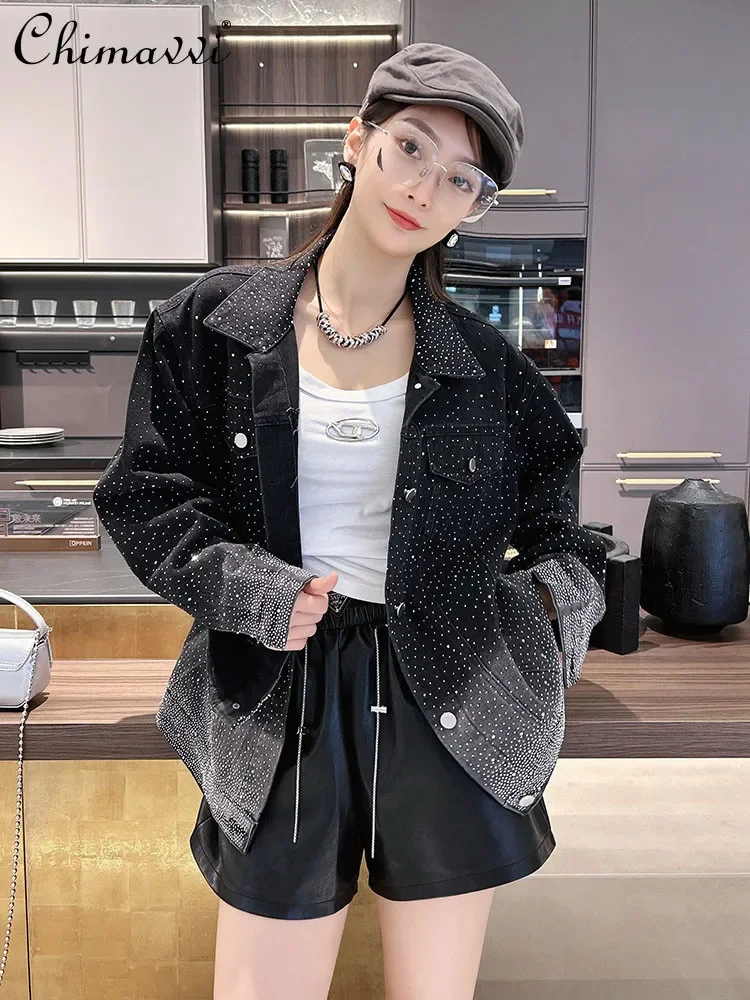 

Black Denim Jacket Women 2024 Spring Autumn New Fashion Fully-Jewelled Heavy Industry Long Sleeve Jackets Streetwear Coat