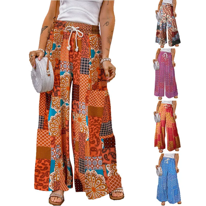 Formal Dresses2024 New Pants Loose And Comfortable Ethnic Floral Color Printing Elastic Waist Casual Pan