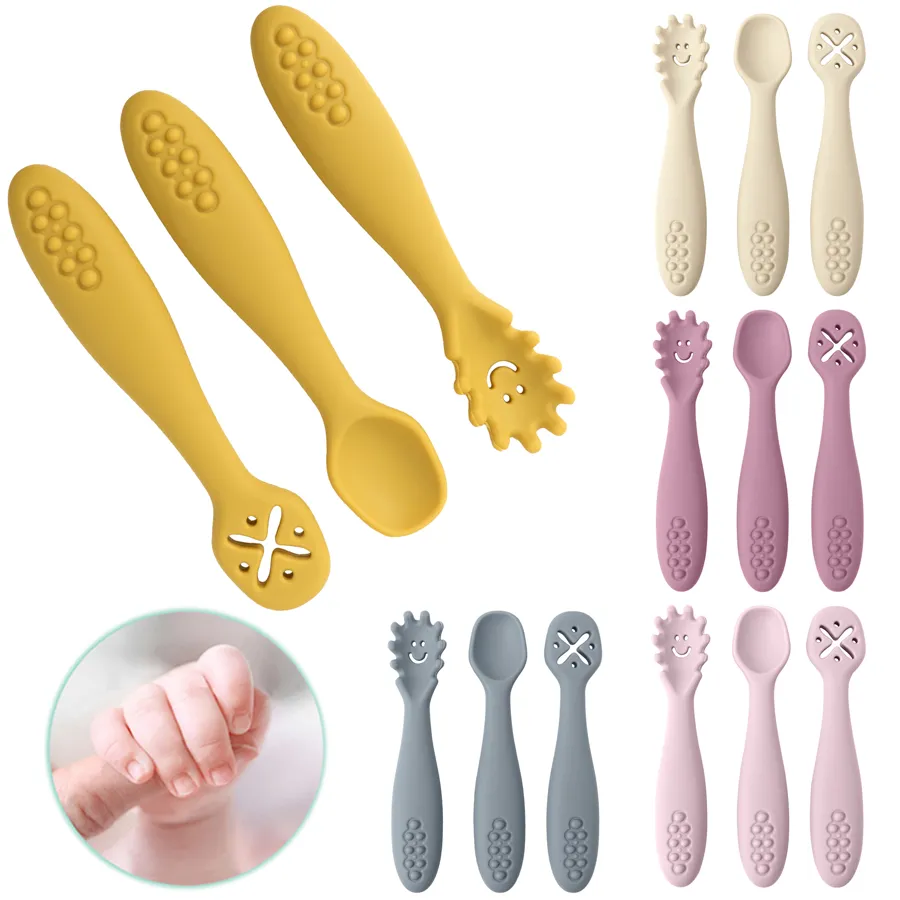 3PCS Silicone Spoon Fork For Baby Utensils Set Feeding Food Toddler Learn To Eat Training Soft Fork Cutlery Children's Tableware 2 pcs set cute cartoon food grade pp baby spoon tableware bendable baby utensil spoon fork feeding dishware set