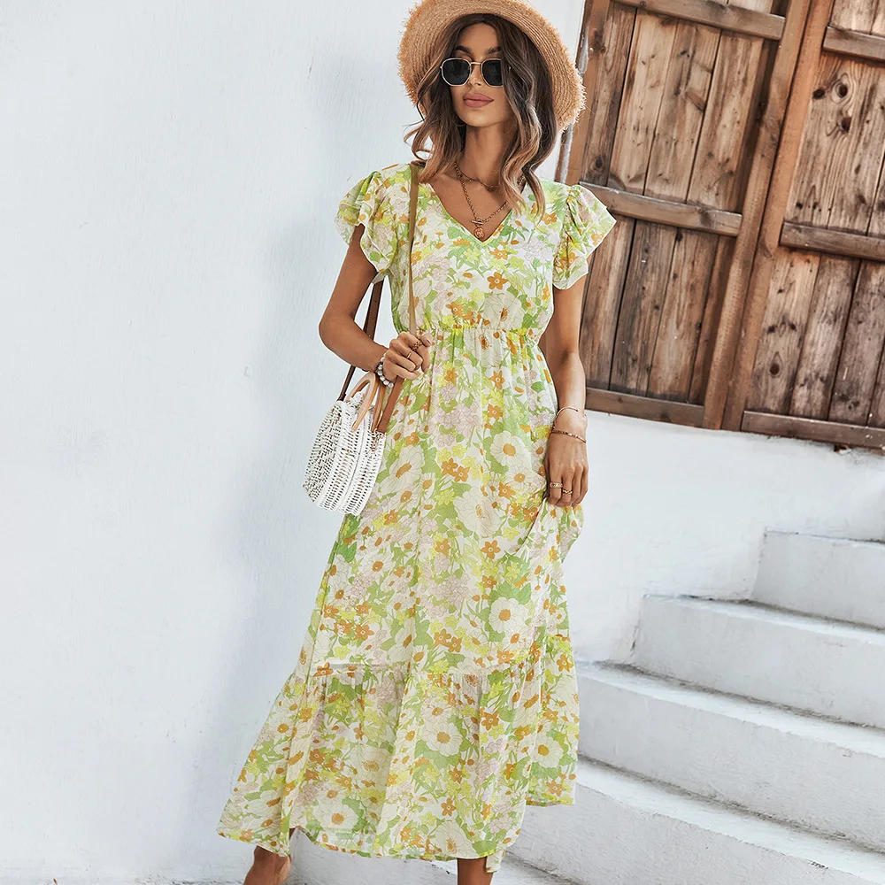 

Summer Chiffon Flying Short Sleeve V Neck Maxi Dress Ladies Stitching Floral Print Bohemia Dress Yellow Slim Ruffle Beach Dress